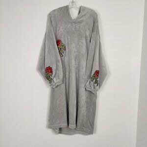 Women's Upcycled Hooded Fleece Tunic Sz XL Gray Red Rose Patchwork Goth Emo Y2K